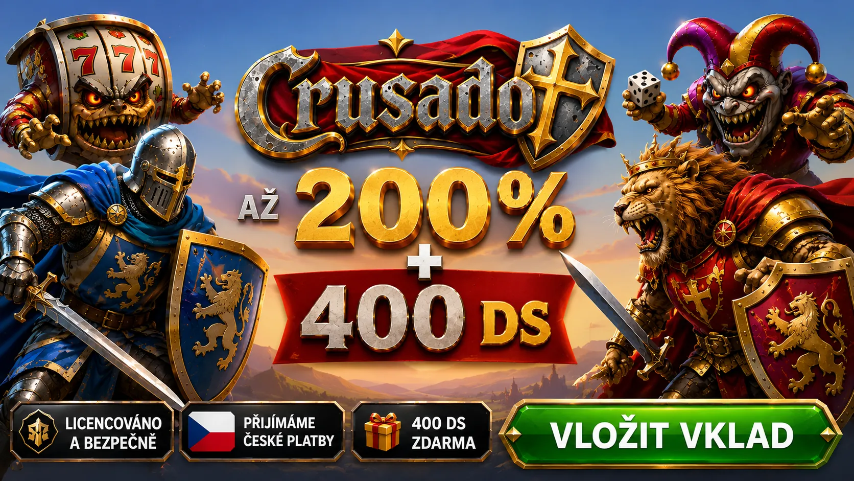 Uvítací nabídka Crusado — bonus 200 % plus 400 volných zatočení